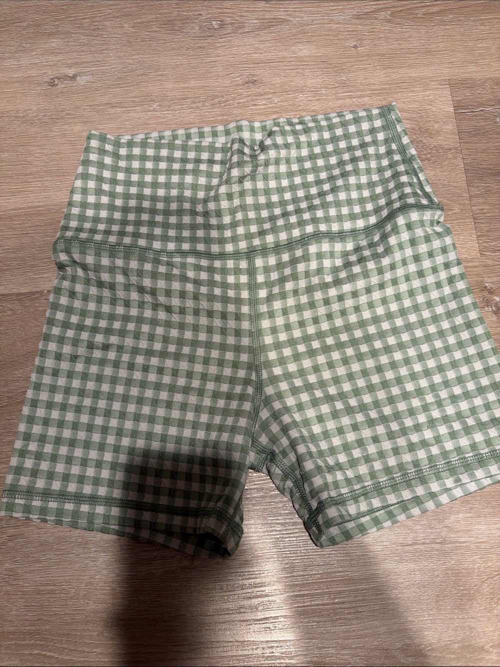 aerie Green and White Gingham High-Rise Bike Shorts